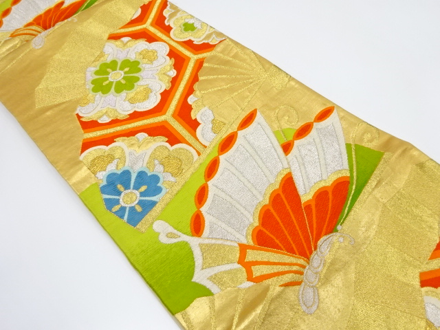 JAPANESE KIMONO / ANTIQUE FUKURO OBI / SILK / WOVEN FLORAL CREST & BUTTERFLY
